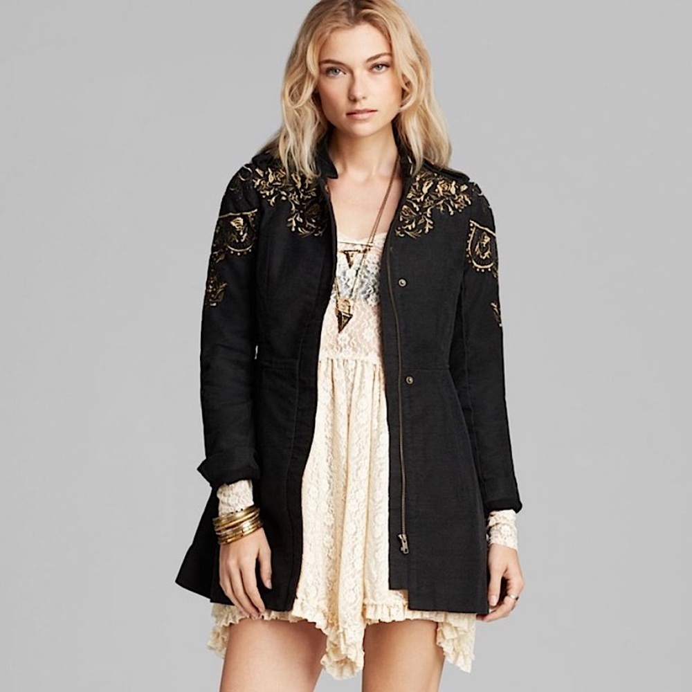 Free People Sargeant Floral Embroidered Embellished Military Coat Black 2